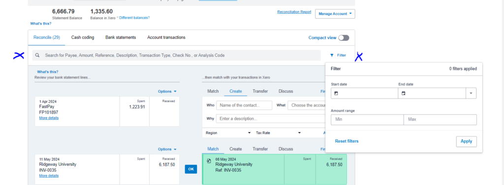 Bank Reconciliation - screenshot from Xero